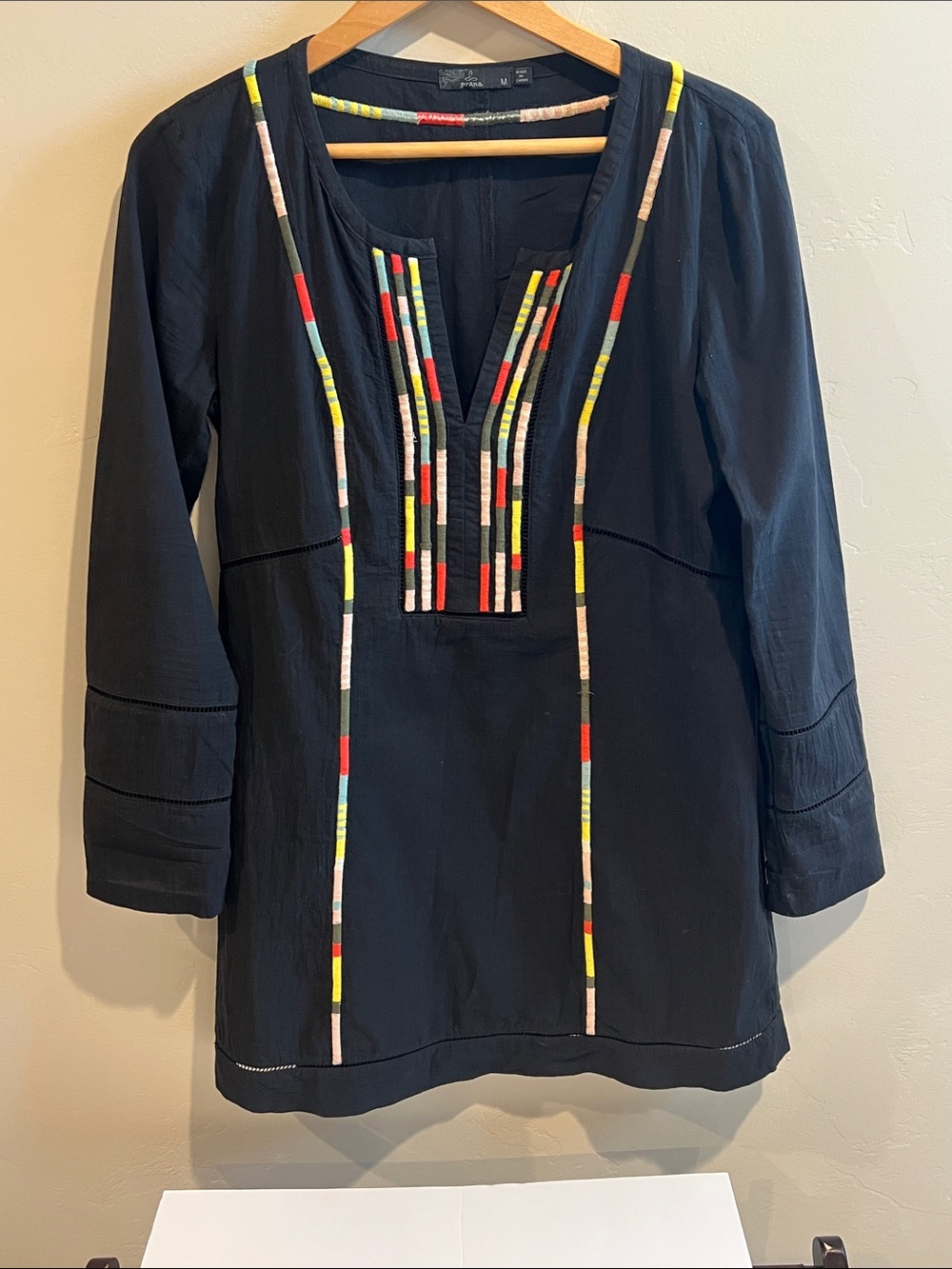 Prana Black Swim Cover Up with Multicolor Embroidered Stripe
